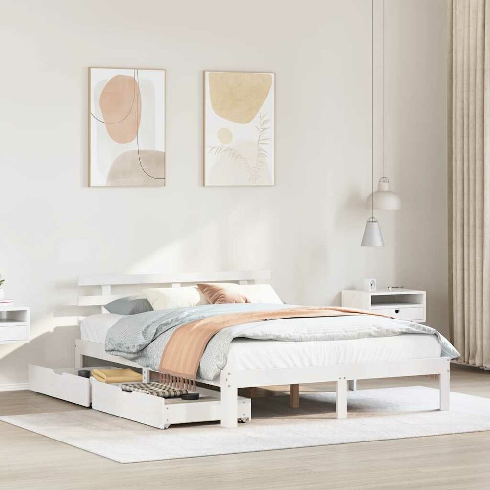 Bedframe met lades massief grenenhout wit 120x190 cm