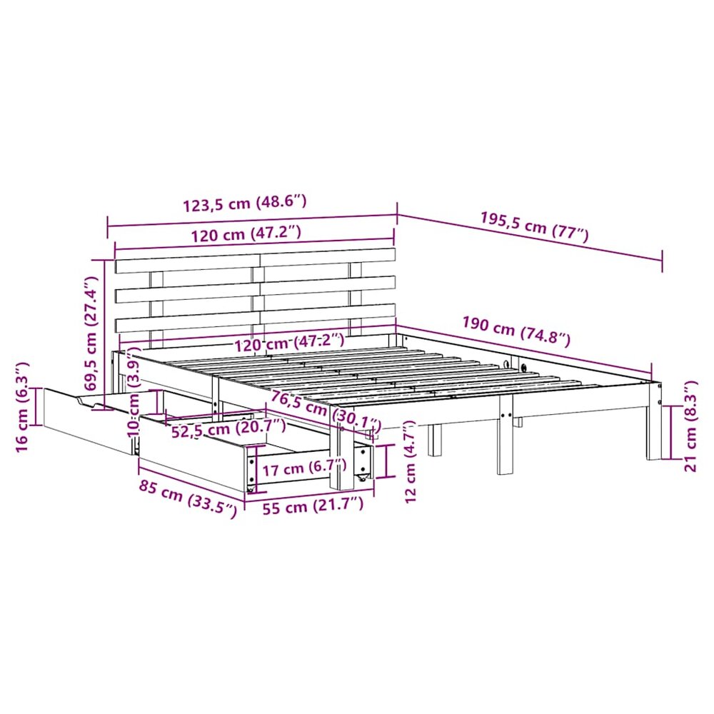 Bedframe met lades massief grenenhout wit 120x190 cm