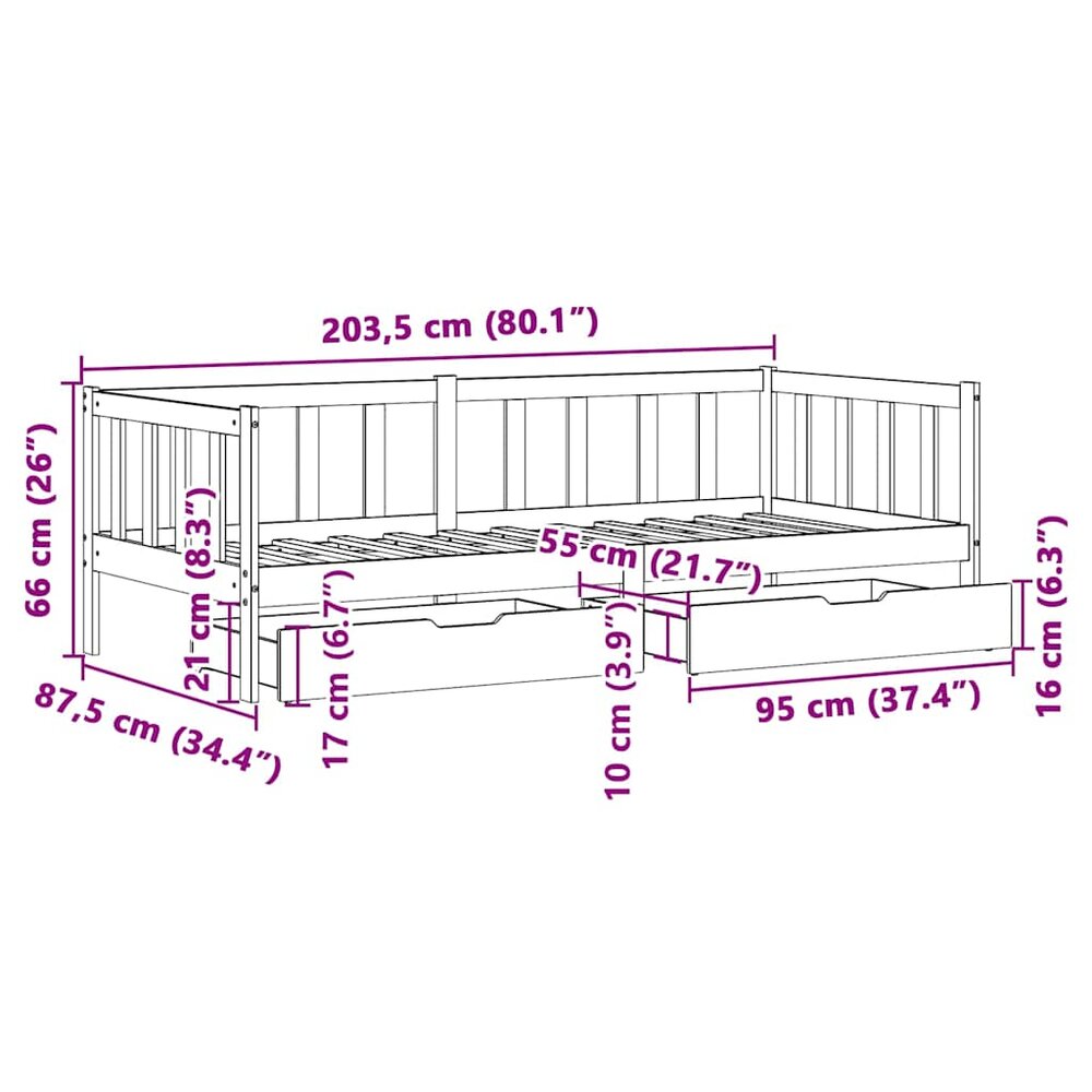 Slaapbank met lades 80x200 cm massief grenenhout