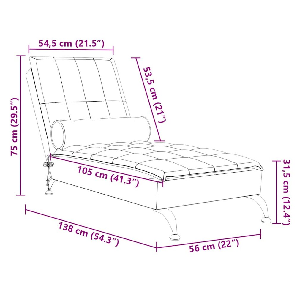 Massage chaise longue met bolster stof zwart
