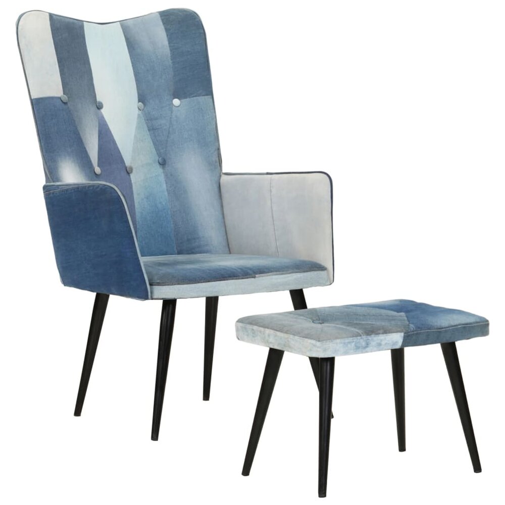 Fauteuil met voetensteun patchwork canvas blauw denim