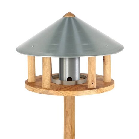 Vogelvoederhuisje met silo en rond dak zink