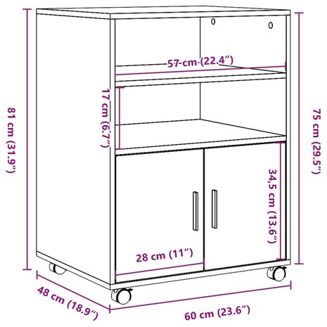 Rolkast 60x48x81 cm bewerkt hout grijs sonoma eikenkleurig
