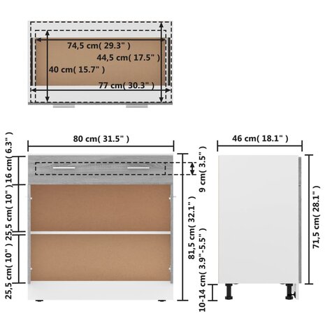 Onderkast met lade 80x46x81,5 cm bewerkt hout grijs sonoma