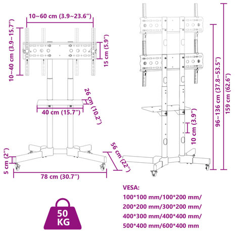 TV-standaard wielen 32-70 inch scherm 40 kg Max VESA 600x400 mm